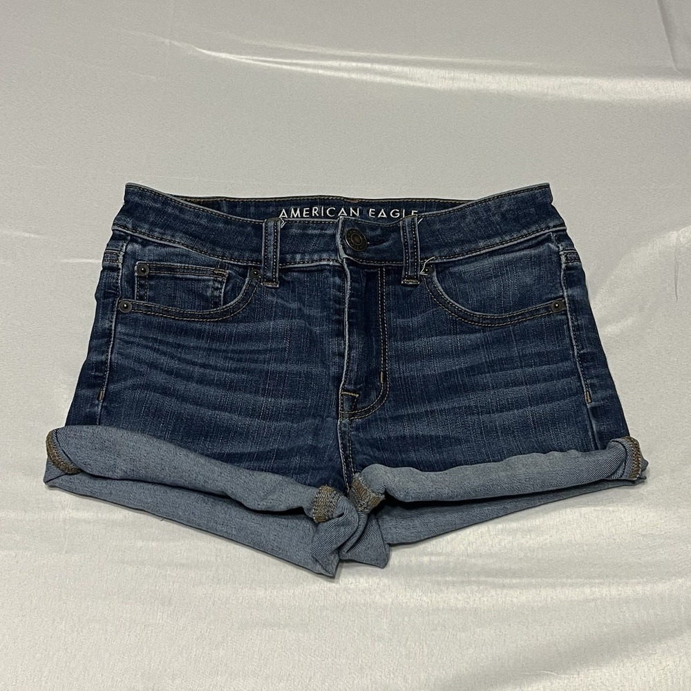 Y2K American Eagle Hi Rise Shortie Jean Shorts Size 2 Blue Denim Micro Mini